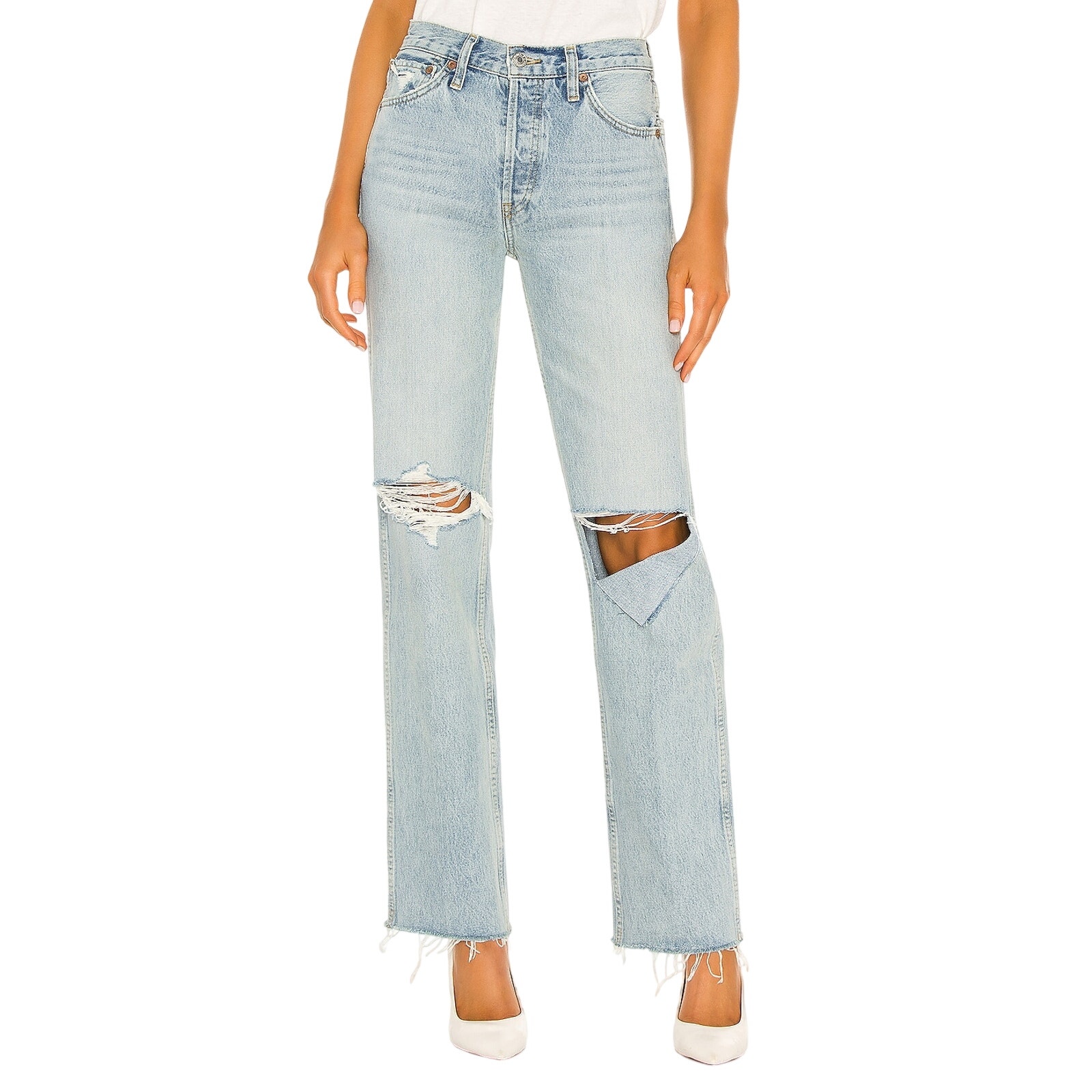 Re/Done Distressed Breezy Indigo With Rips 90s High Rise Loose Denim Jeans Size